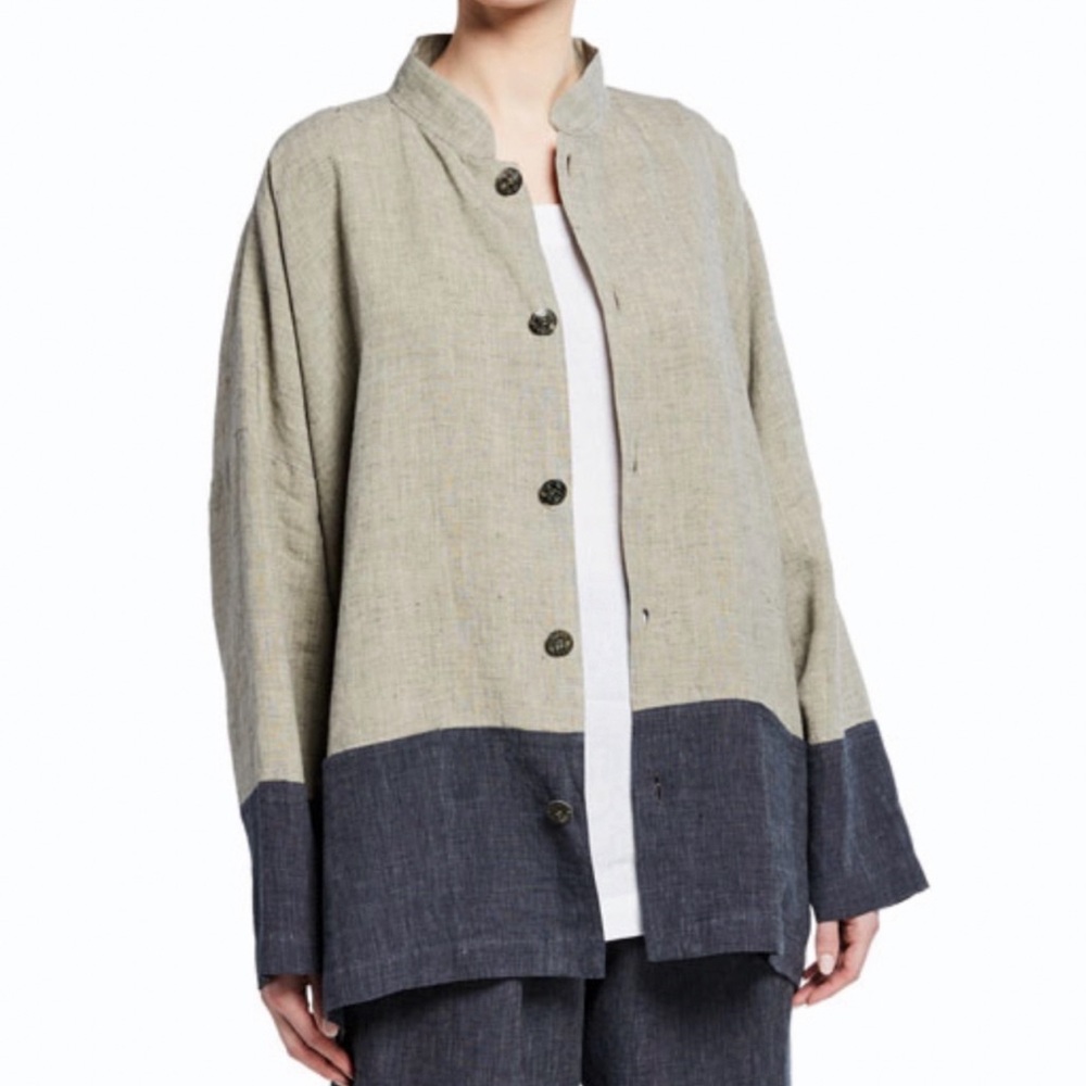 Eskandar Linen Mandarin CollarJacket Pockets Taupe Blue Sz 1 L-XL. As New New